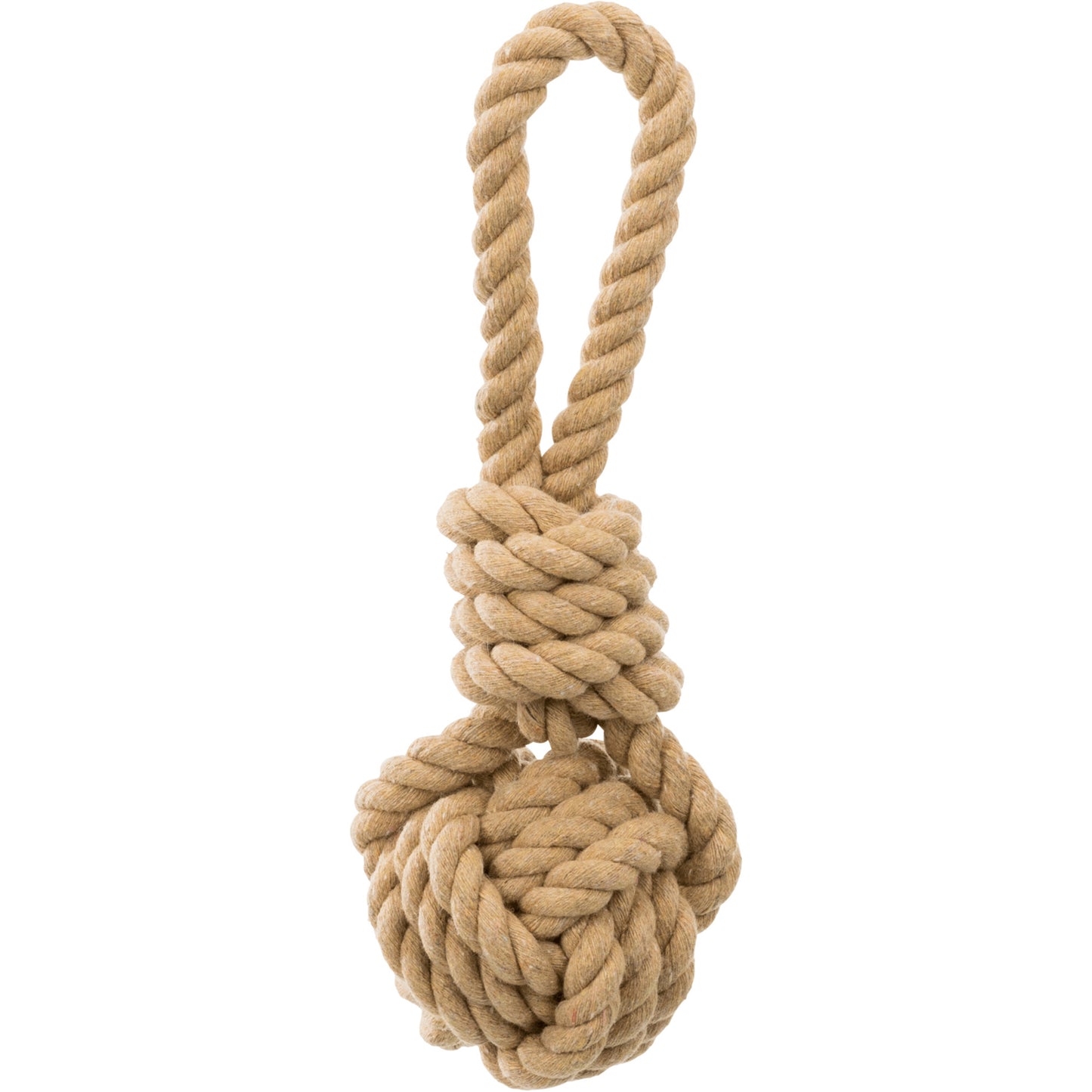 Juguete de cuerda con pelota tejida para perros Trixie Be Nordic, diseño náutico resistente para juegos de lanzamiento y tironeo.