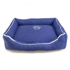 CAMA CUADRADA AZUL CON HUELLA Y RIBETE
