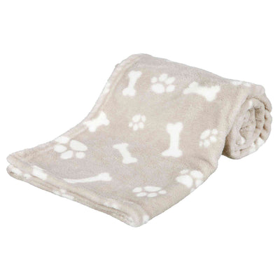 Manta de felpa suave Kenny para perros y gatos, color beige con estampado de huellas y huesos blancos.