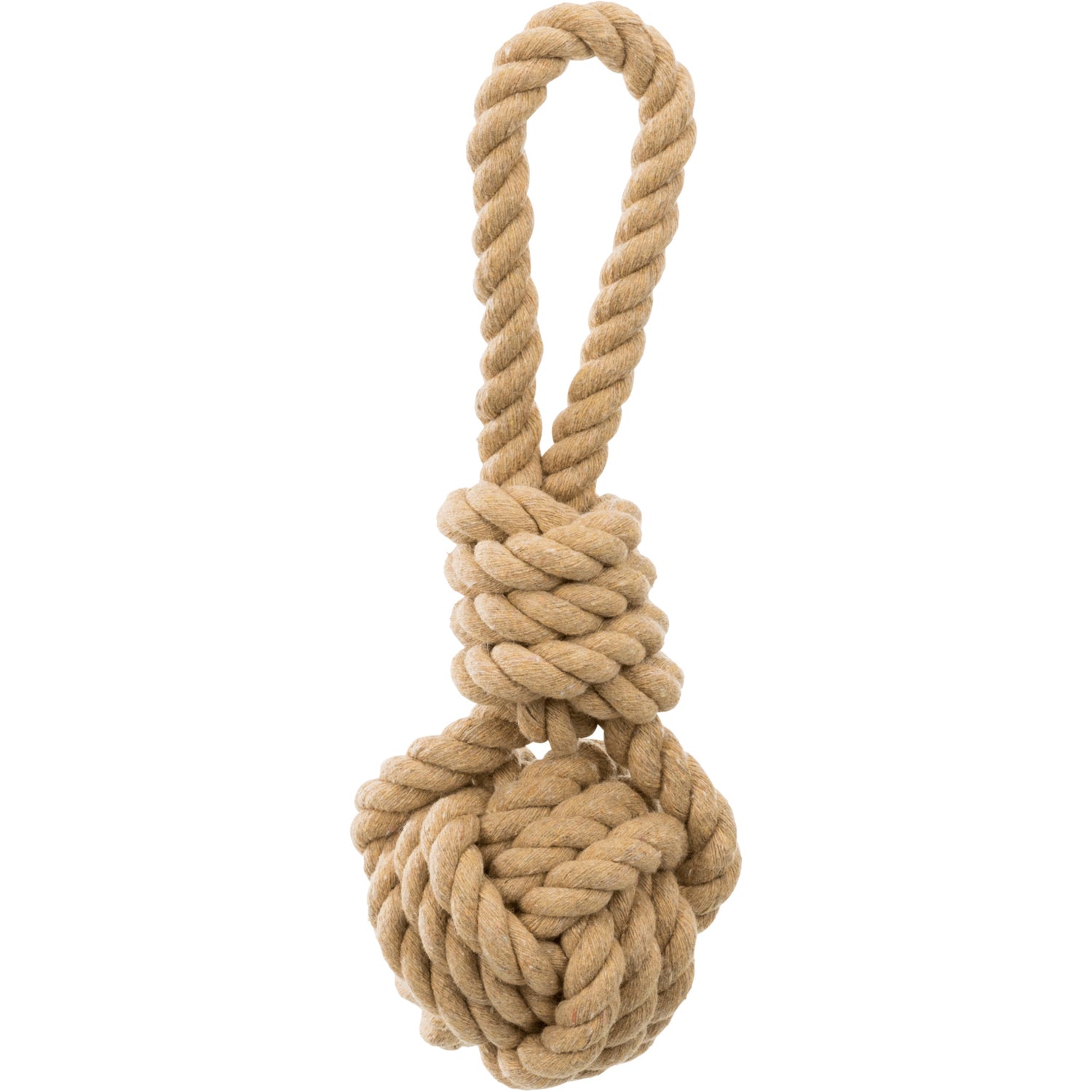 Juguete de cuerda con pelota tejida para perros Trixie Be Nordic, diseño náutico resistente para juegos de lanzamiento y tironeo.