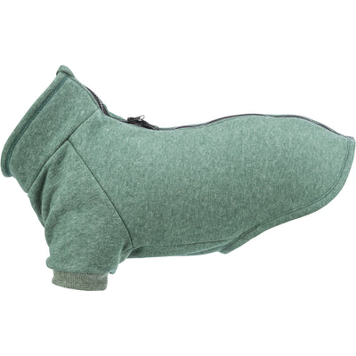 Sudadera Amsterdam para perros en color verde oscuro jaspeado, estilo urbano con cuello alto, cremallera en el lomo y puños elásticos.