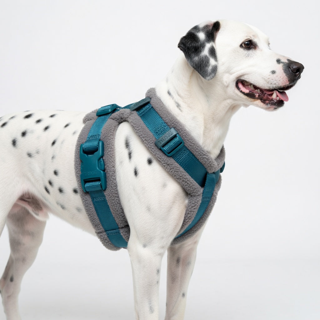Arnés Ergonómico Trixie azul petróleo con acolchado fleece gris en perro dálmata - Keyla Pets