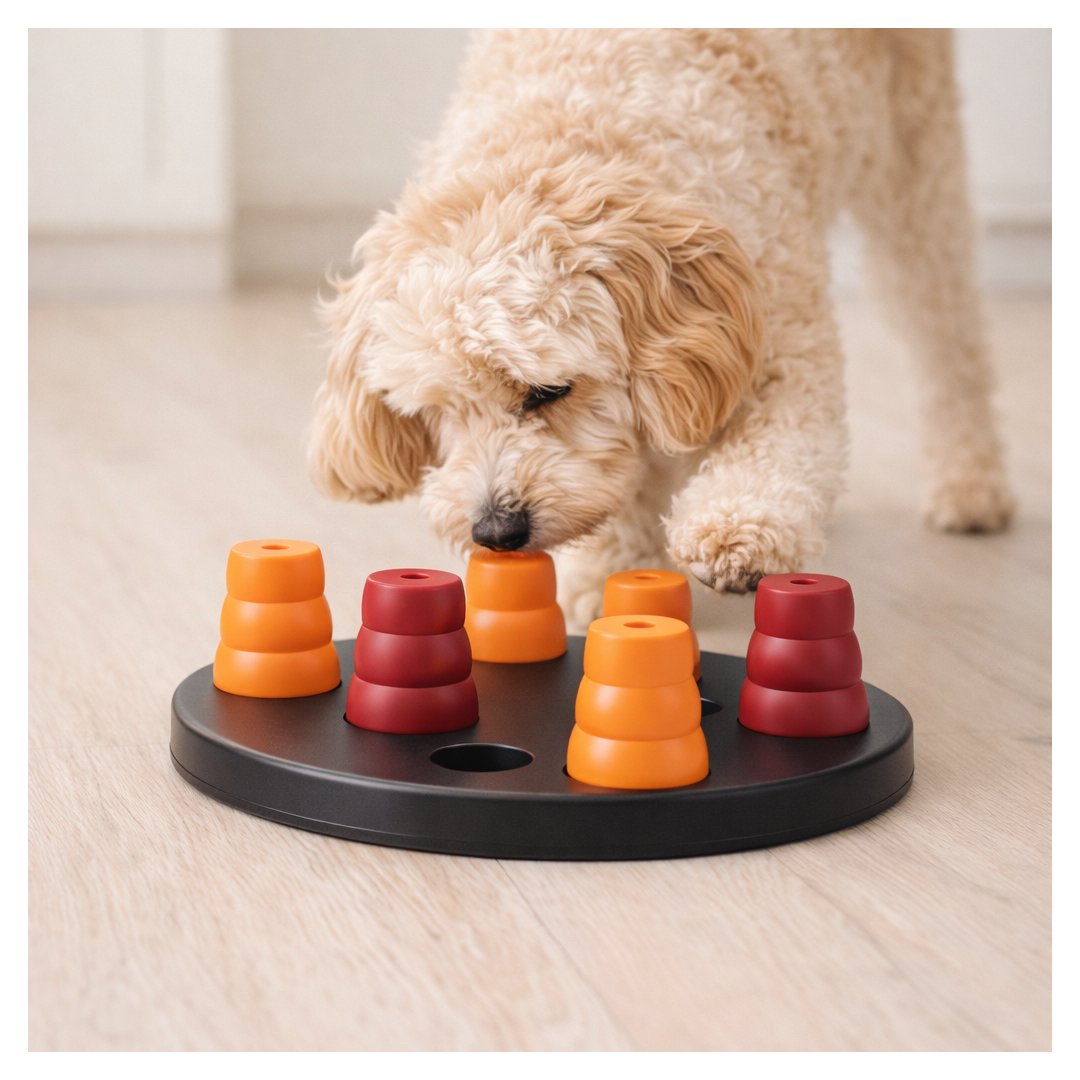 Perro pequeño utilizando el juego interactivo Dog Activity Gamble Box de Trixie sobre suelo de madera clara.