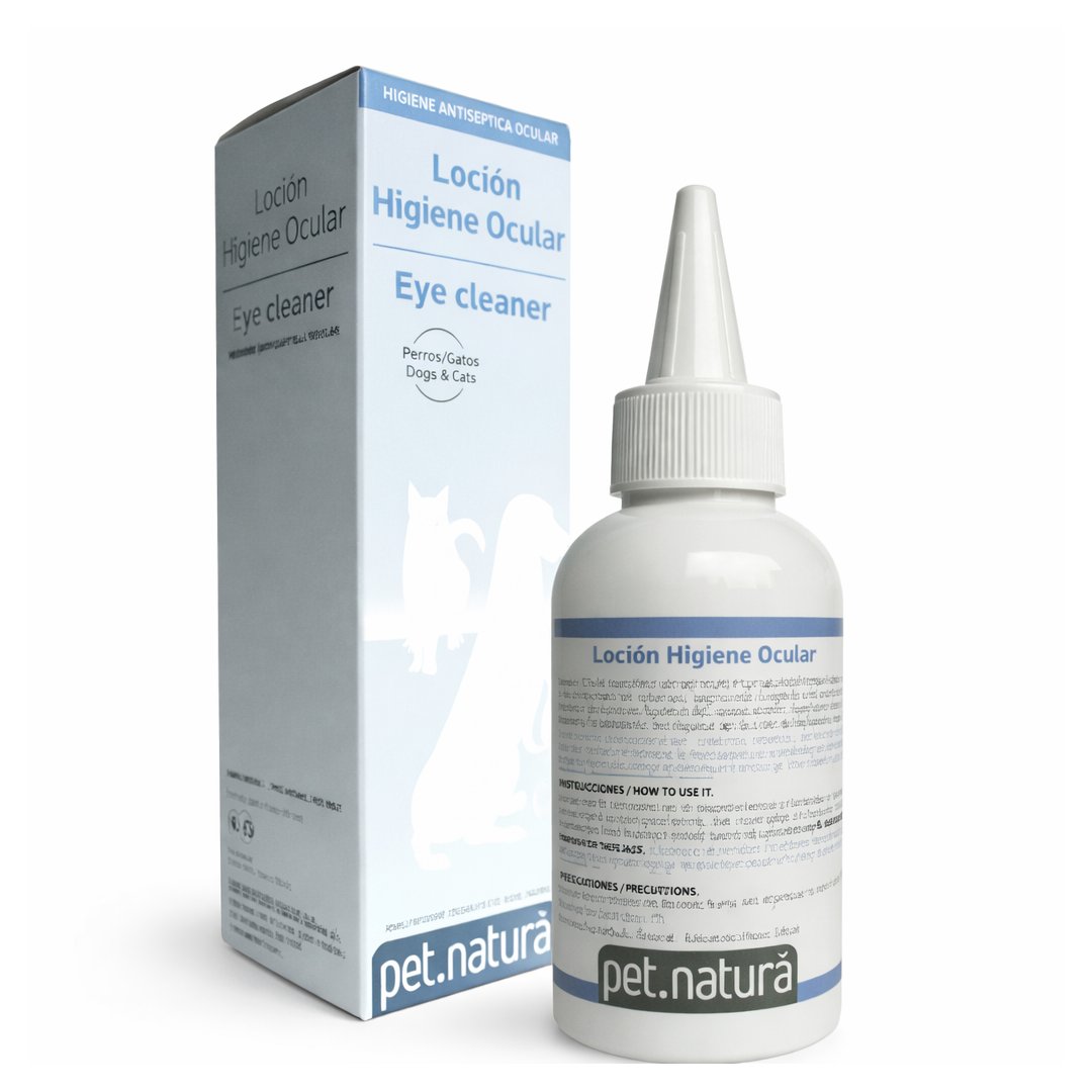 Loción de higiene ocular para perro Petnatura 125 ml para limpieza suave del contorno de ojos y eliminación de legañas.