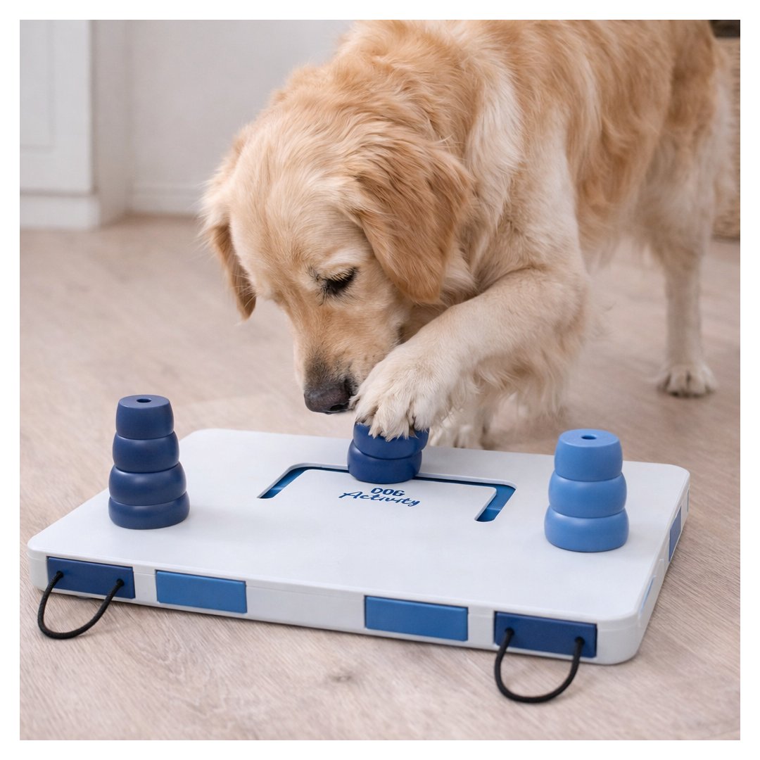 Golden Retriever utilizando el juego interactivo Move2Win nivel 3 para trabajar concentración y olfato