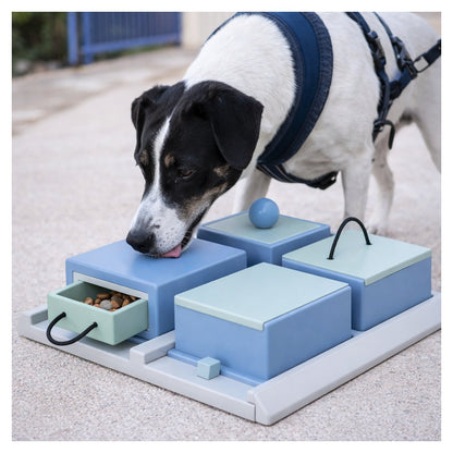 Perro utilizando el juego interactivo Poker Box nivel 2 para trabajar olfato y concentración